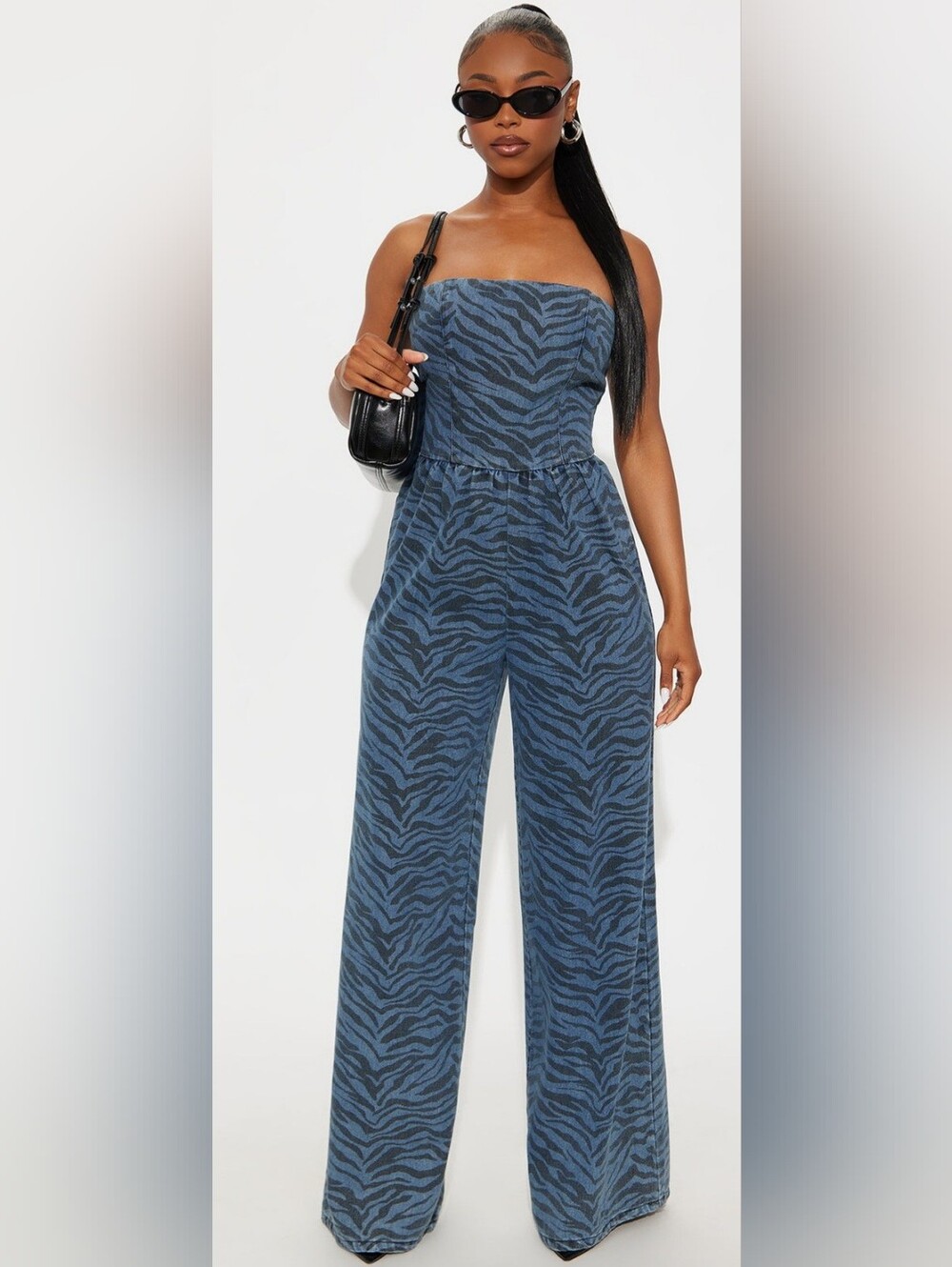 Fashion Nova Blue Strapless Animal Print Wide-Leg Jumpsuit